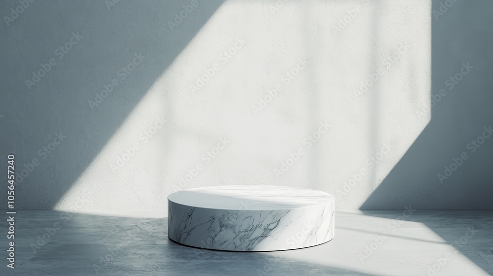 Poster a minimalistic space featuring a circular white marble pedestal illuminated by natural light casting