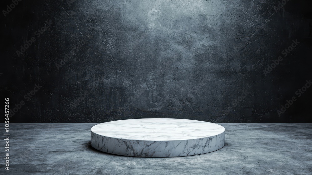 Poster a minimalistic pedestal or platform illuminated against a textured dark background, creating a drama
