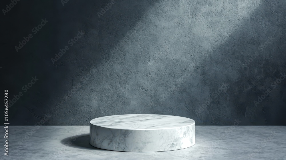 Poster a minimalist marble platform illuminated by soft light against a textured gray backdrop, creating an