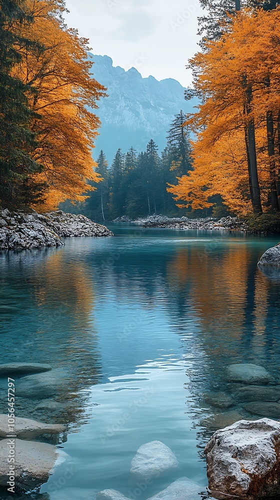 Poster scenic autumn landscape with serene lake and vibrant orange trees in mountainous setting : generativ