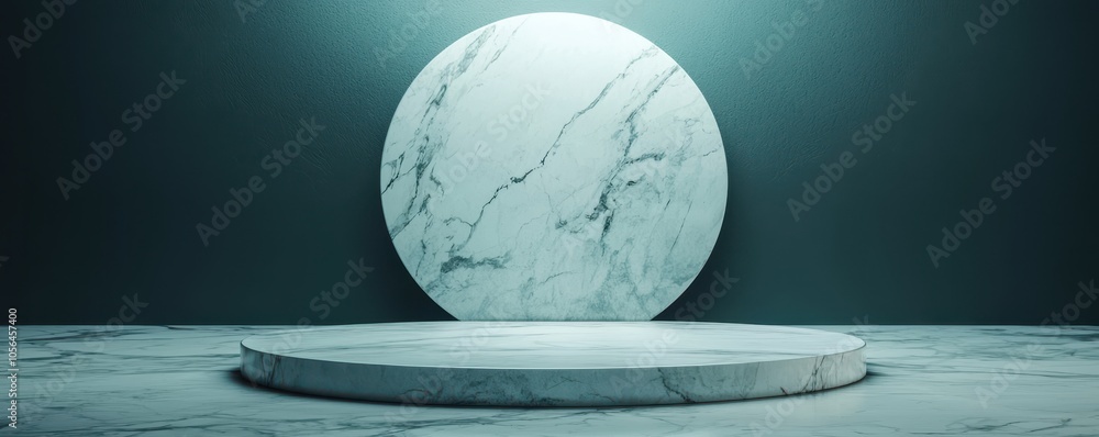 Poster a minimalist scene featuring a round marble surface with a circular marble backdrop, illuminated sof