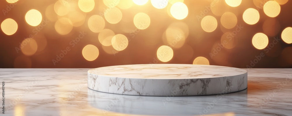 Poster a marble display pedestal on a textured surface with a glowing, bokeh background creating an elegant