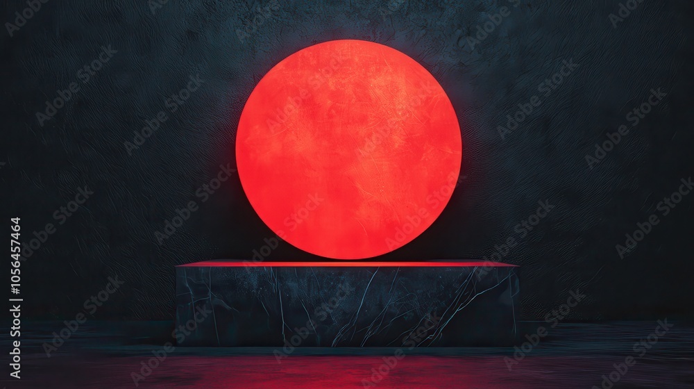 Poster A vivid red circle illuminated against a dark background, creating a striking and dramatic visual effect.