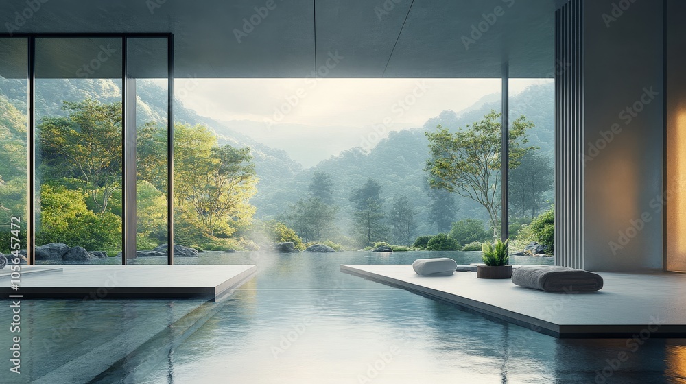Aufkleber a large open space with a pool and a view of the mountains