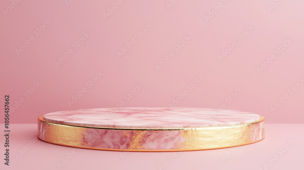 Poster a circular marble platform with a gold trim against a soft pink background, creating a stylish and e