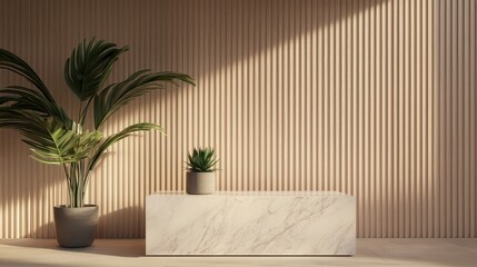A stylish interior scene featuring a marble bench, potted plants, and a textured wooden wall, illuminated by soft light.