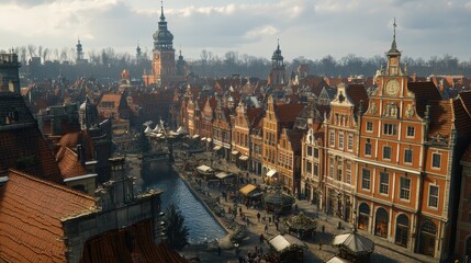 Fototapeta premium Travelers exploring a vibrant holiday market in a European city as part of a holiday travel package focus on