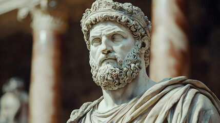 Obraz premium Ancient Stone Bust Sculpture of a Man with a Crown