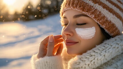 A person applying sunscreen on their face during a winter hike to protect against UV rays close up, essential winter care, dynamic, silhouette, snowy mountain backdrop