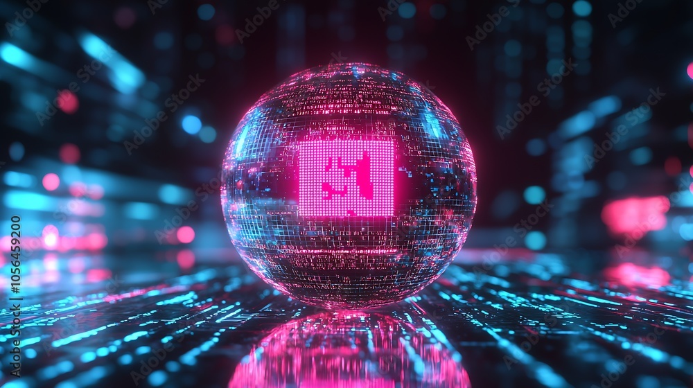 Poster futuristic digital sphere with neon lights representing global connectivity : generative ai