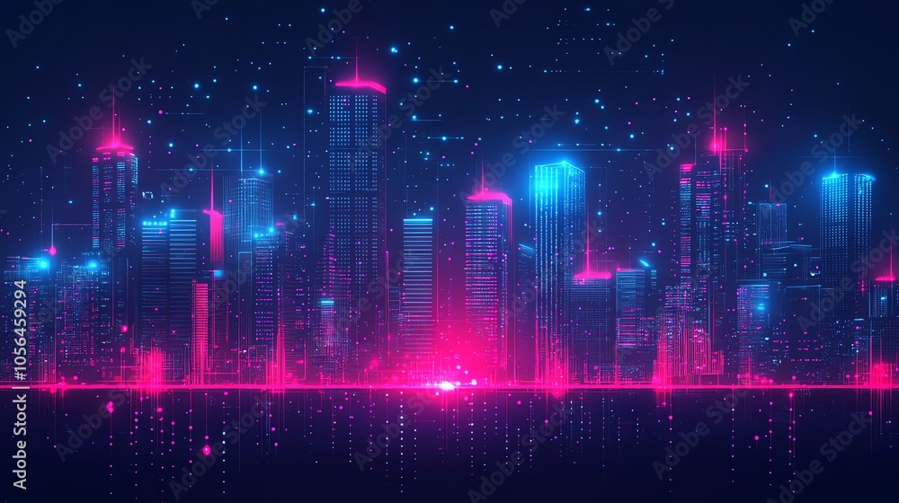 Poster a futuristic cityscape with neon lights and a digital grid pattern, representing technology and inno