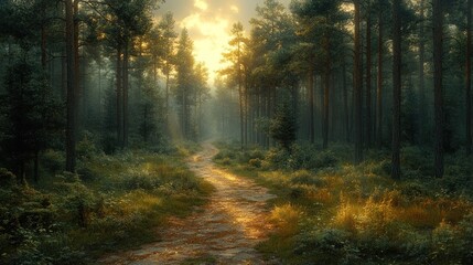 Fototapeta premium Serene forest path illuminated by soft sunlight at dawn.