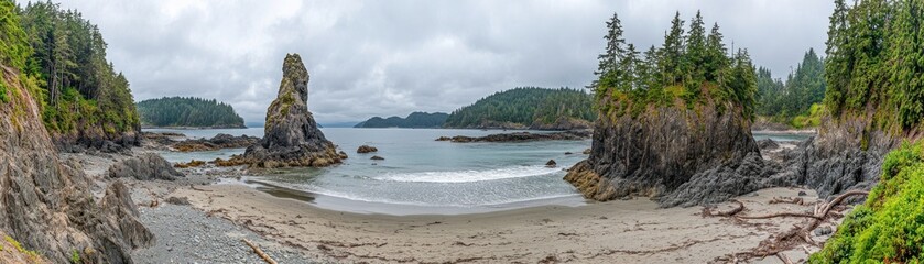 A serene coastal landscape featuring rocky formations, trees, and gentle waves under a cloudy sky.