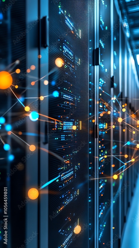 Poster A row of server racks in a data center with glowing lines connecting them, representing data flow and connectivity.