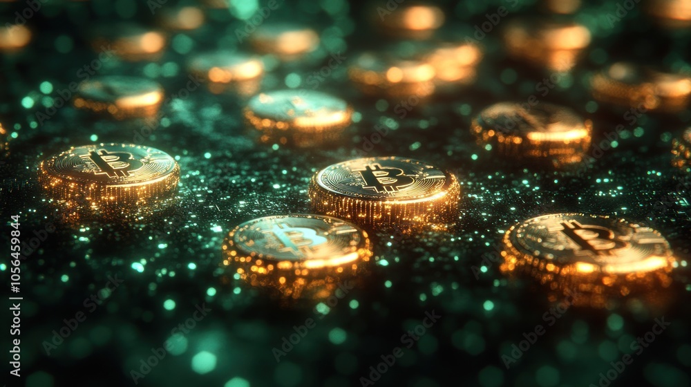 Poster A close-up view of glowing Bitcoin coins on a sparkling surface.