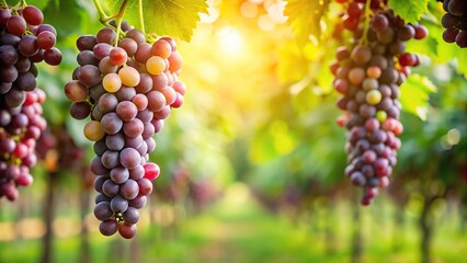 A cluster of grapes hanging from a vine in a lush green orchard, nature, fruit
