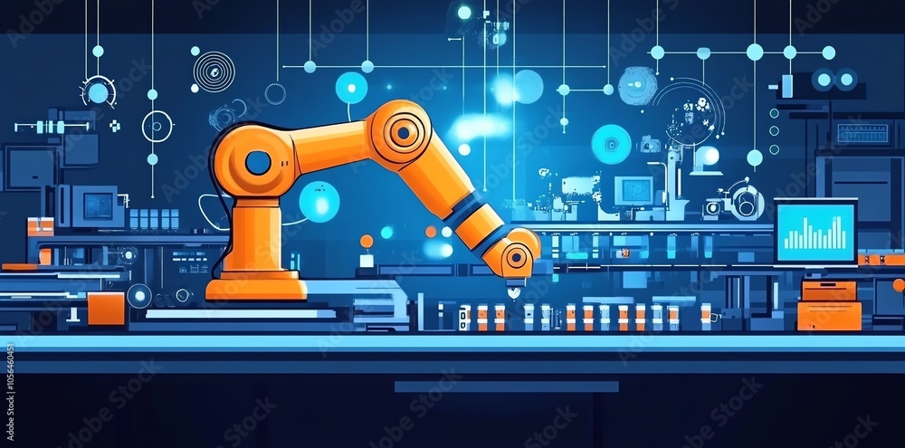 Aufkleber Robotic arm working in a futuristic factory setting with blue and orange color theme.