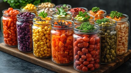 Colorful jars of various beans and vegetables arranged on a table.