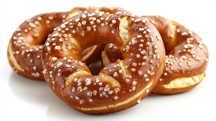 Isolated pretzel close-up, golden brown with salt crystals, perfect for bakery or snack ads, crisp texture on white background