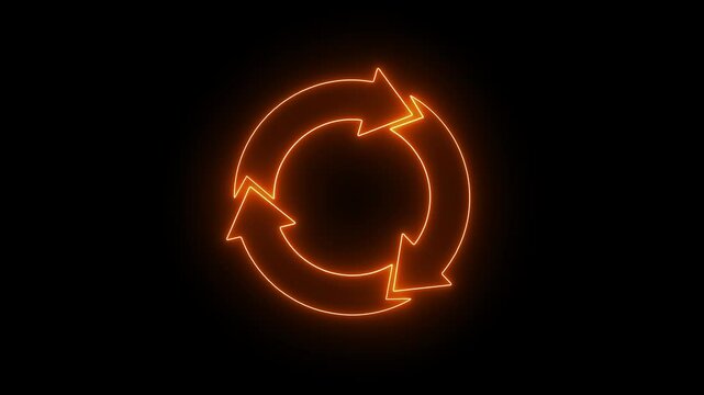 Glowing Neon recycling icon animated on black background. 3 arrow in circle sign. 
