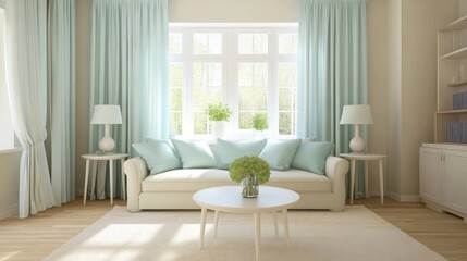 A bright living room with cream walls, a sky blue sofa, and mint green throw pillows