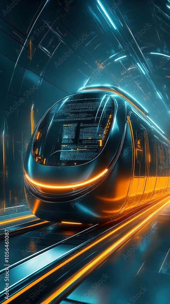 Poster futuristic train inside a glowing tunnel with advanced technology display