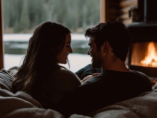 A couple enjoying a romantic holiday travel package in a cozy lakeside cabin close up, intimate winter getaway, whimsical, silhouette, frozen lake backdrop