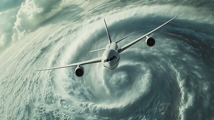 An eyecatching aerial snapshot reveals an airplane navigating its way through a menacing hurricane, emphasizing the vast scale and intensity of the storm