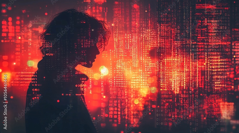 Poster woman silhouette digital art abstract red background binary code