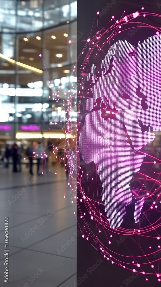 Poster modern digital world map displayed in a public space