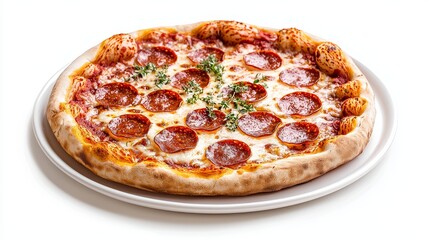 A rustic-style pepperoni pizza, perfectly round with a golden-brown crust, sizzling pepperoni and melted cheese, isolated on a clean white backdrop