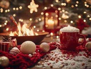 A festive outdoor holiday gathering with fire pits, hot cocoa, and string lights selective focus, winter wonderland vibe, dynamic, fusion, backyard backdrop