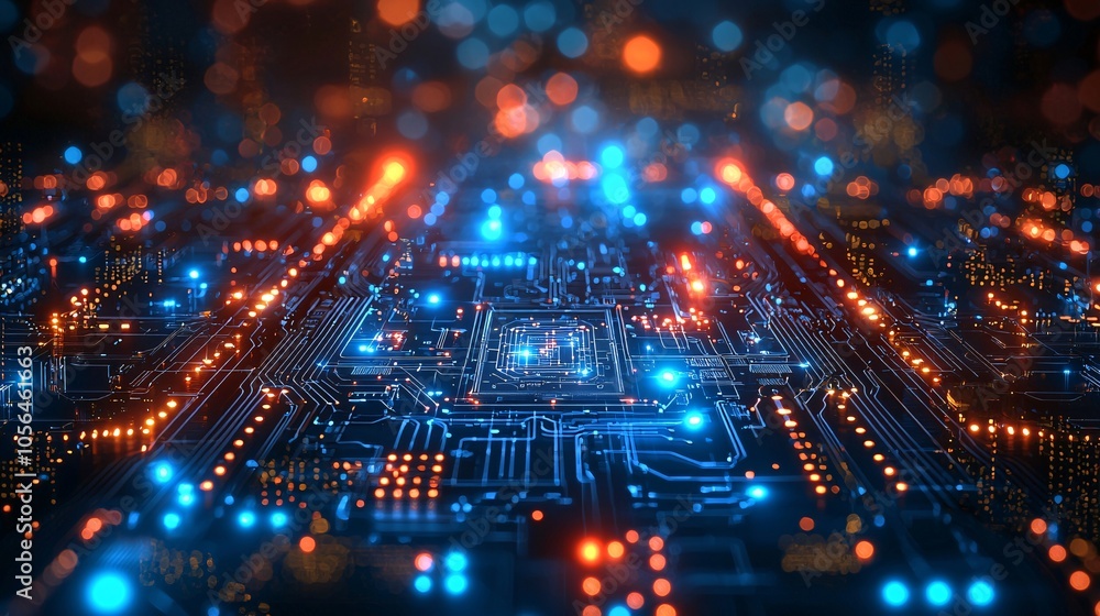 Poster futuristic circuit board with glowing lights and bokeh background