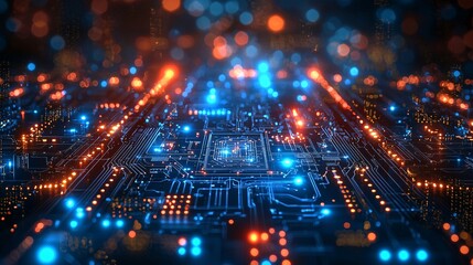 Fototapeta premium Futuristic Circuit Board with Glowing Lights and Bokeh Background
