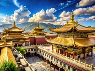 Obraz premium Panoramic View of Jokhang Temple in Lhasa, Tibet - Spiritual Heritage and Architectural Marvel