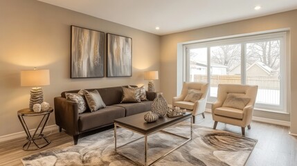Fototapeta premium A chic living room featuring soft beige walls, a dark brown sofa, and beige accent chairs