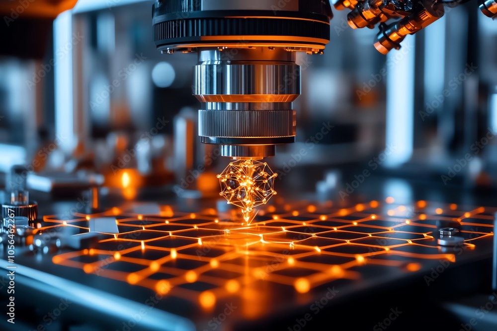 Poster A robotic arm with a camera lens hovers over a glowing honeycomb-shaped grid.