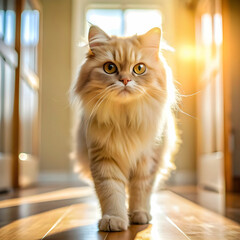 cute persona cat walking in house under sunlight