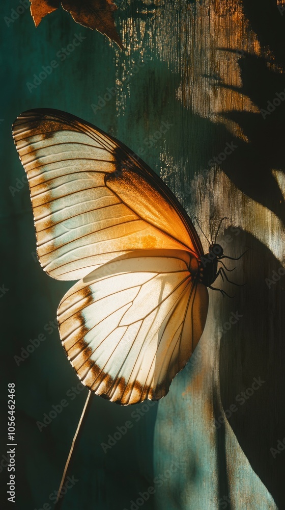 Poster delicate butterfly resting against a textured background in soft light
