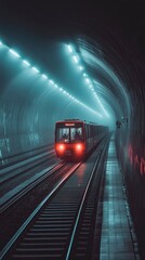 Naklejka premium Illuminated train traveling through a foggy underground tunnel at night