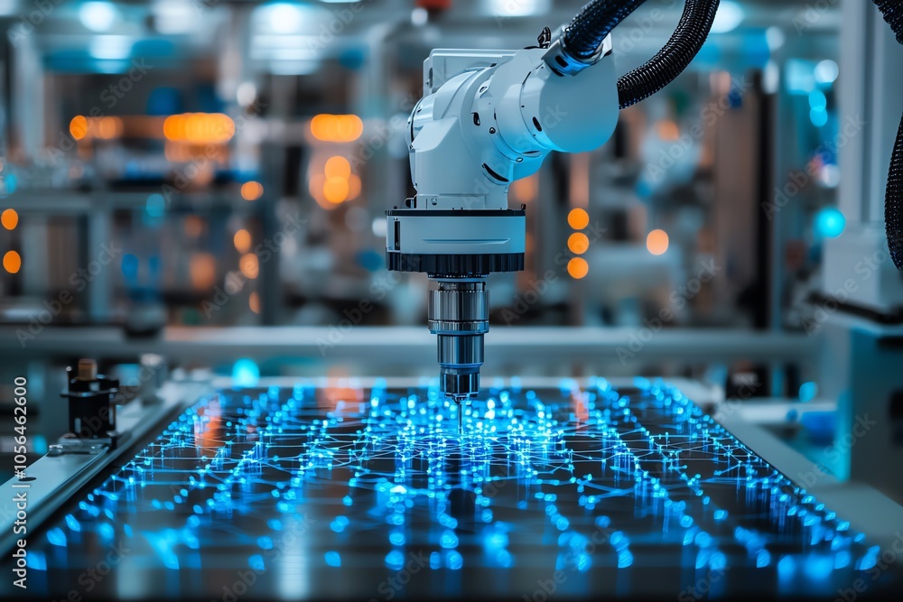 Poster robotic arm working on a circuit board with blue glowing lights.