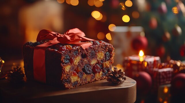 A festive fruitcake studded with nuts and dried fruits wrapped in holiday packaging focus on, classic Christmas treat, surreal, composite, holiday gift table backdrop