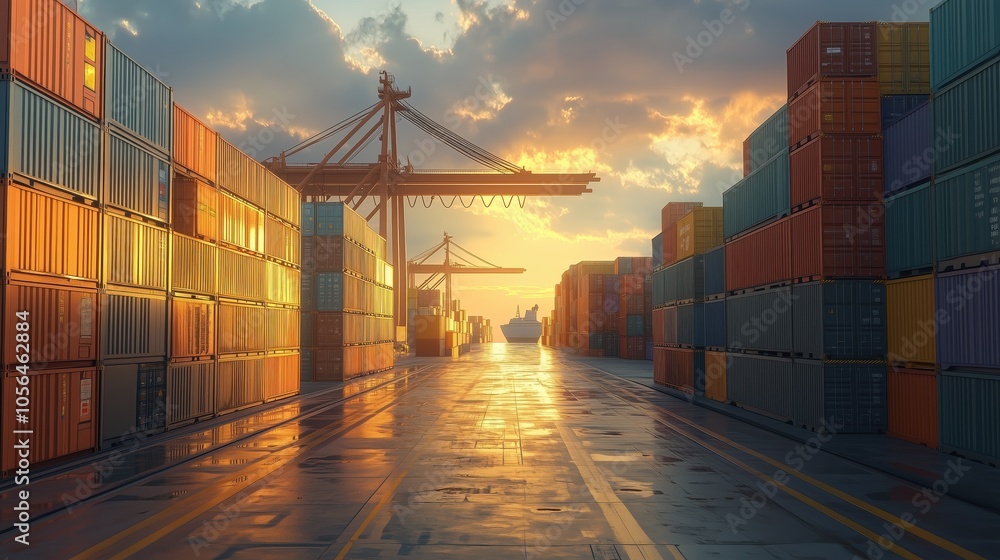 Poster shipping containers at sunset in port terminal. rows of stacked shipping containers at a bustling po
