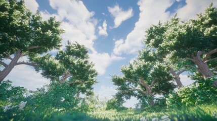 Fototapeta premium A serene forest scene with lush trees and a bright blue sky.