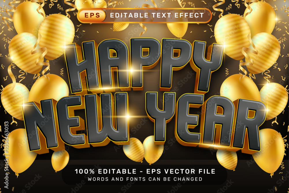 Poster happy new year 3d text effect and editable text effect with luxury background and balloon decoration