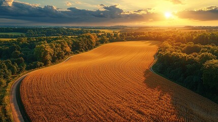 Fototapeta premium Aerial View of Rolling Farmland at Sunset with a Winding Country Road