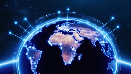 Obraz premium Design a futuristic, digital representation of Earth from space, with glowing blue lights outlining the continents
