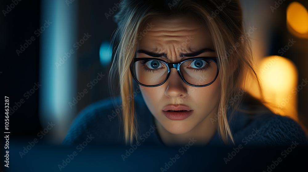 Poster young woman with glasses expressing shock while staring at computer screen : generative ai