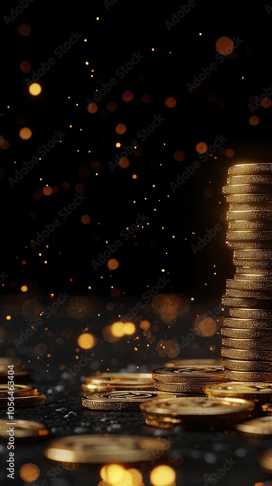 Poster shimmering golden coins stacking up with sparkling dust in the background