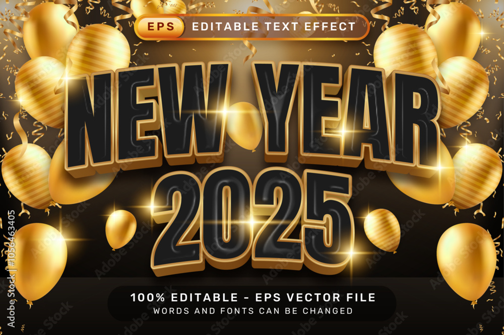 Poster happy new year 3d text effect and editable text effect with luxury background and balloon decoration